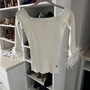Milly Off the Shoulder White Feather Sleeve Ribbed Shirt